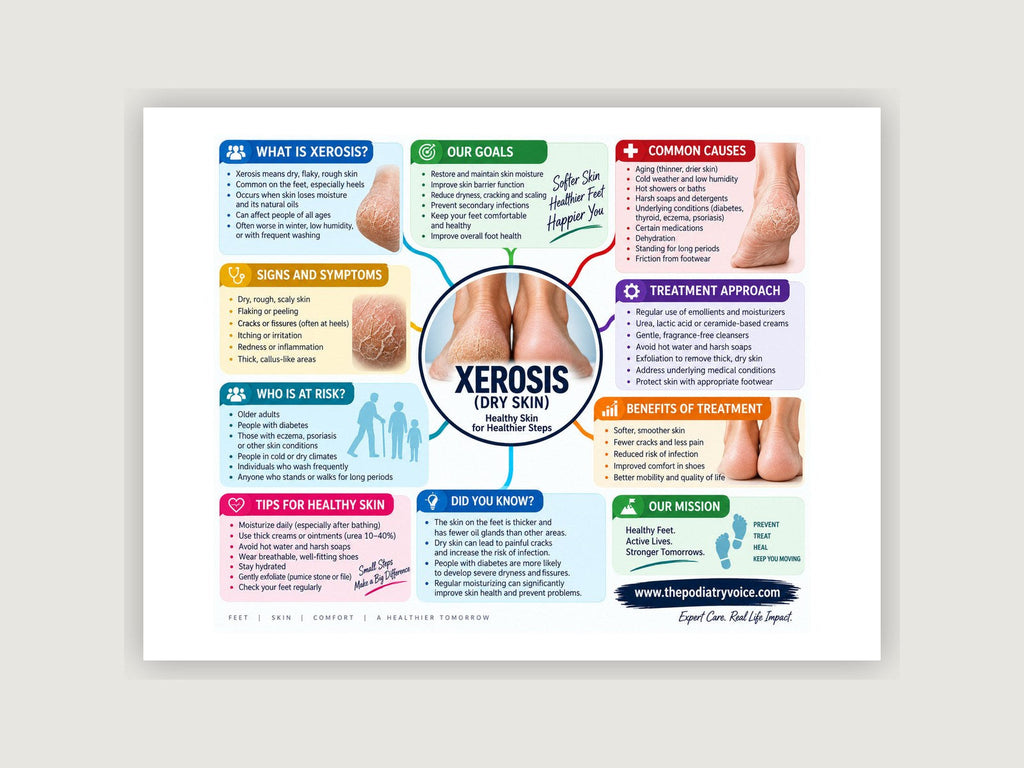 Xerosis patient education poster displayed on a podiatry exam room wall